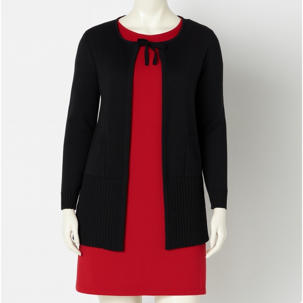 Cabi Offhand Cardigan Sweater Open Front Tie Neck Pockets‎ Knit Cotton Black XS